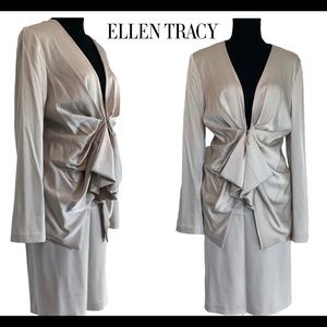 Ellen Tracy two piece suit tan light cream satin stretchy ruched front size 10